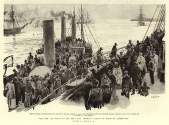 Von der alten Welt in die neue, irische Auswanderer gehen in Queenstown an Bord